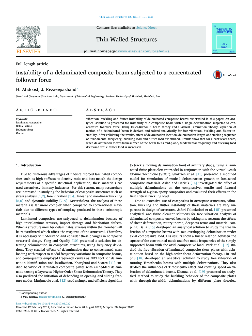 Full length articleInstability of a delaminated composite beam subjected to a concentrated follower force