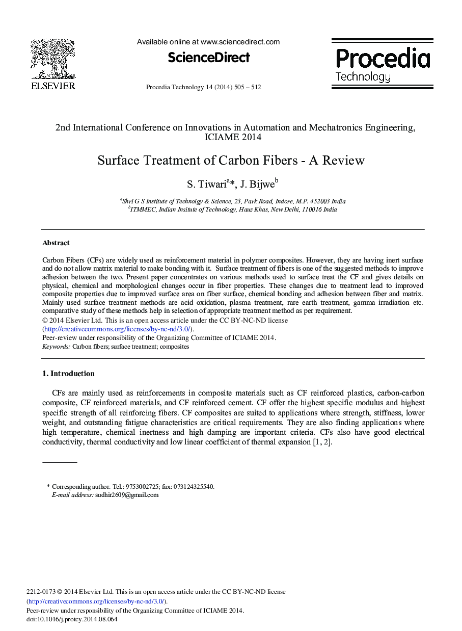 Surface Treatment of Carbon Fibers - A Review 