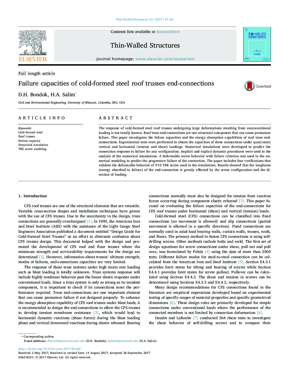 Failure capacities of cold-formed steel roof trusses end-connections