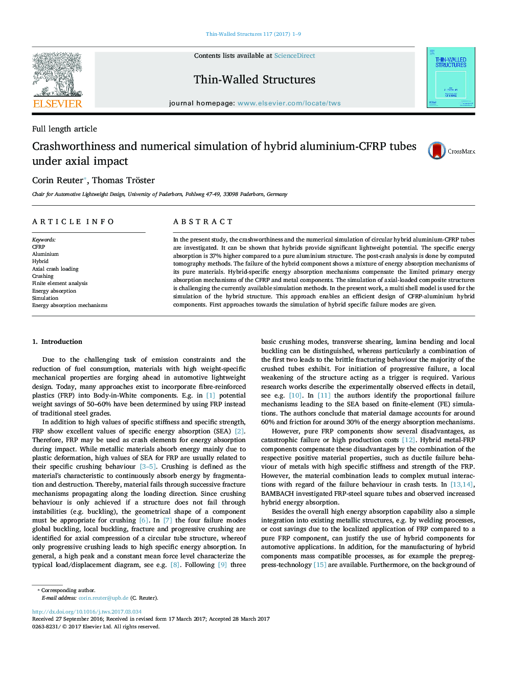 Crashworthiness and numerical simulation of hybrid aluminium-CFRP tubes under axial impact