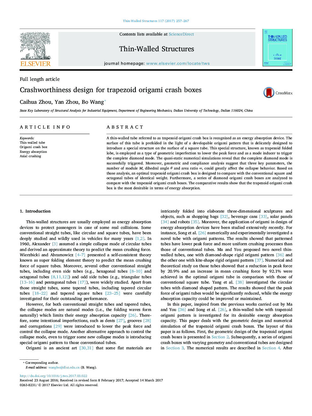 Crashworthiness design for trapezoid origami crash boxes