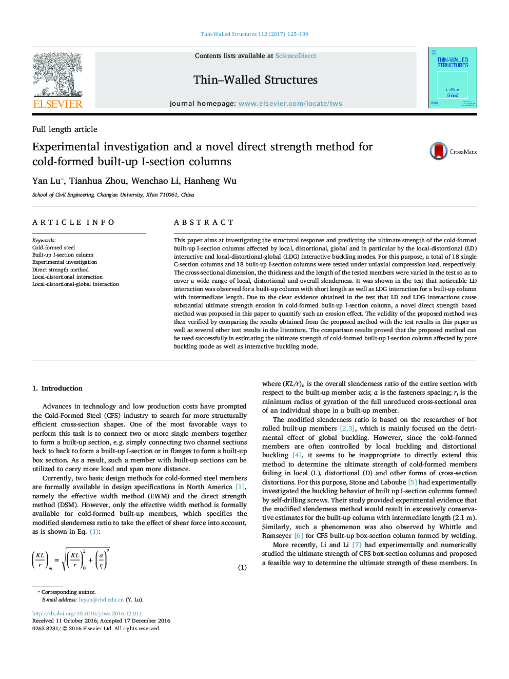 Experimental investigation and a novel direct strength method for cold-formed built-up I-section columns