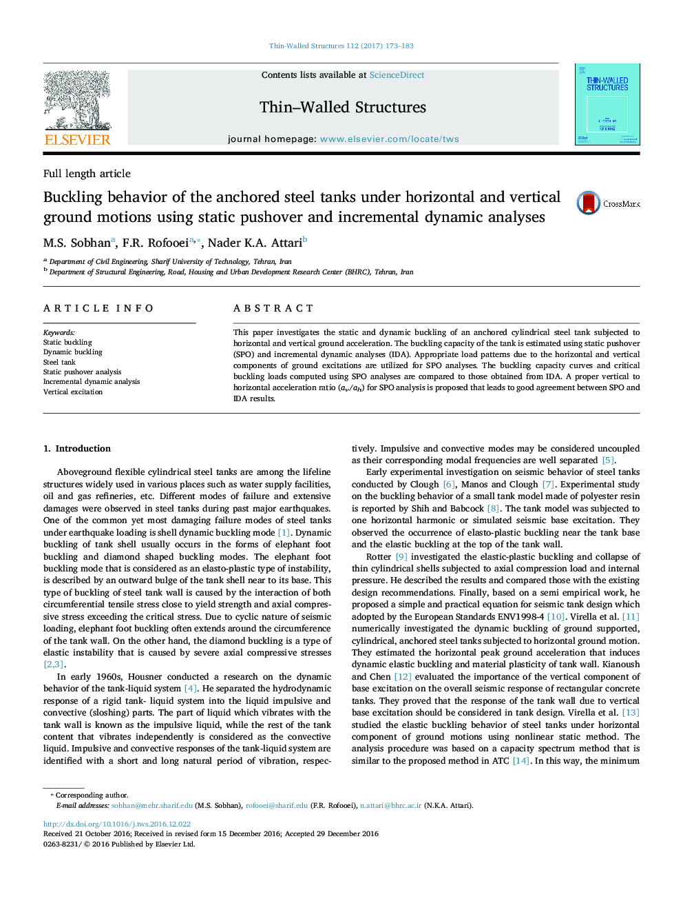 Buckling behavior of the anchored steel tanks under horizontal and vertical ground motions using static pushover and incremental dynamic analyses