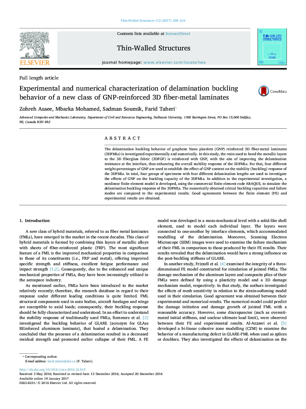 Experimental and numerical characterization of delamination buckling behavior of a new class of GNP-reinforced 3D fiber-metal laminates