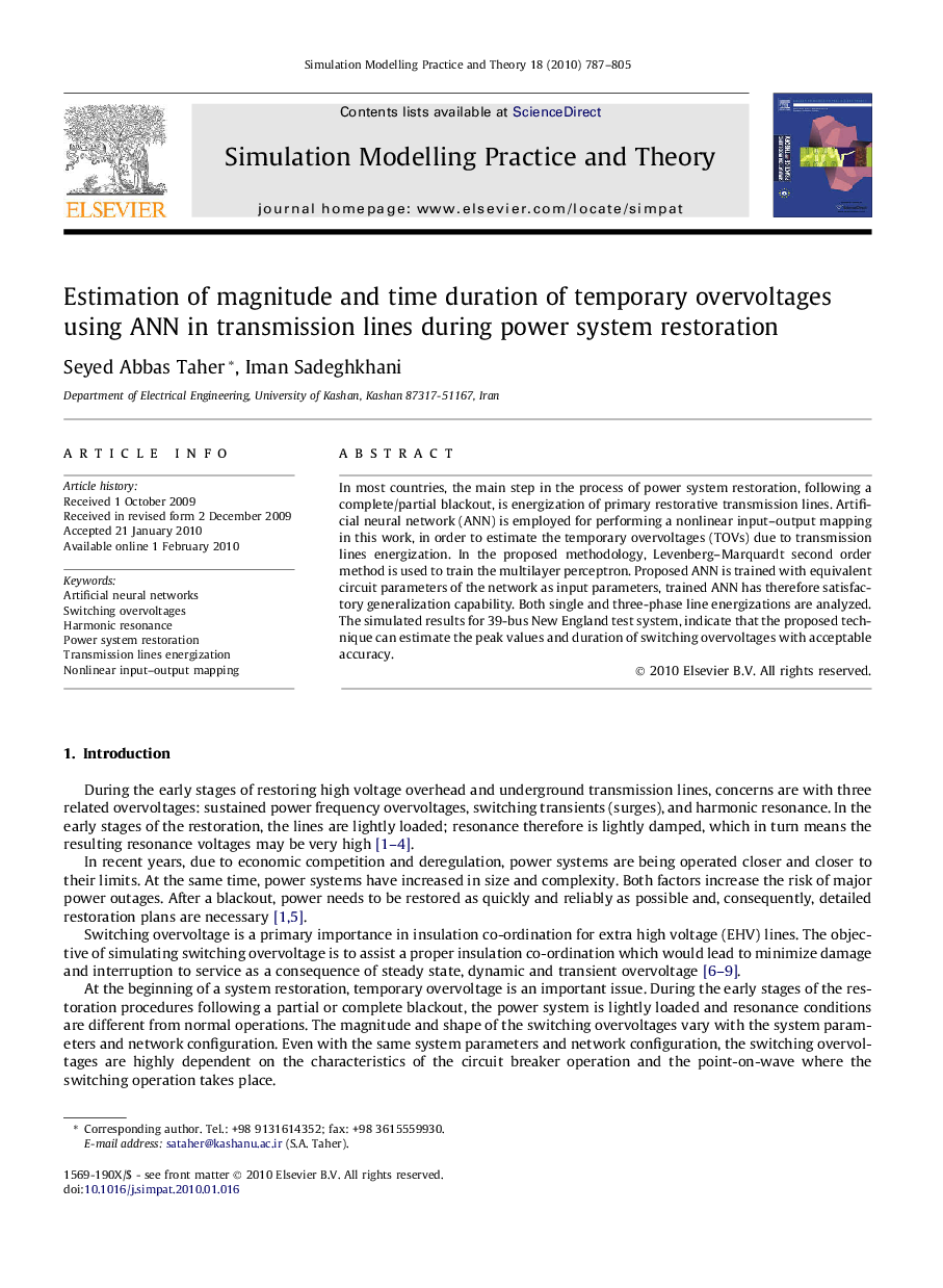 Estimation of magnitude and time duration of temporary overvoltages using ANN in transmission lines during power system restoration