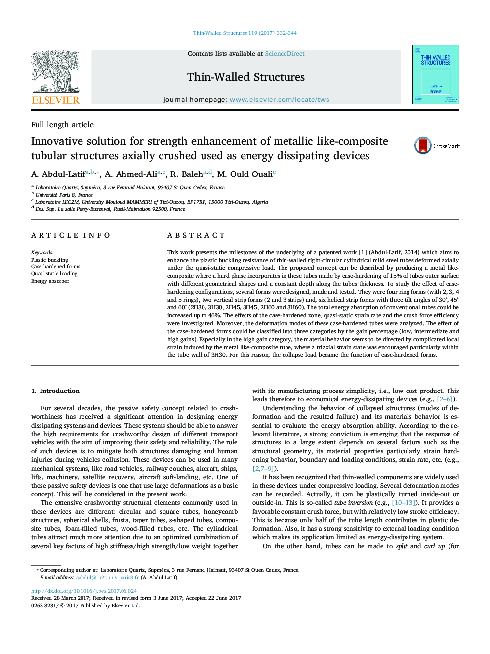 Innovative solution for strength enhancement of metallic like-composite tubular structures axially crushed used as energy dissipating devices