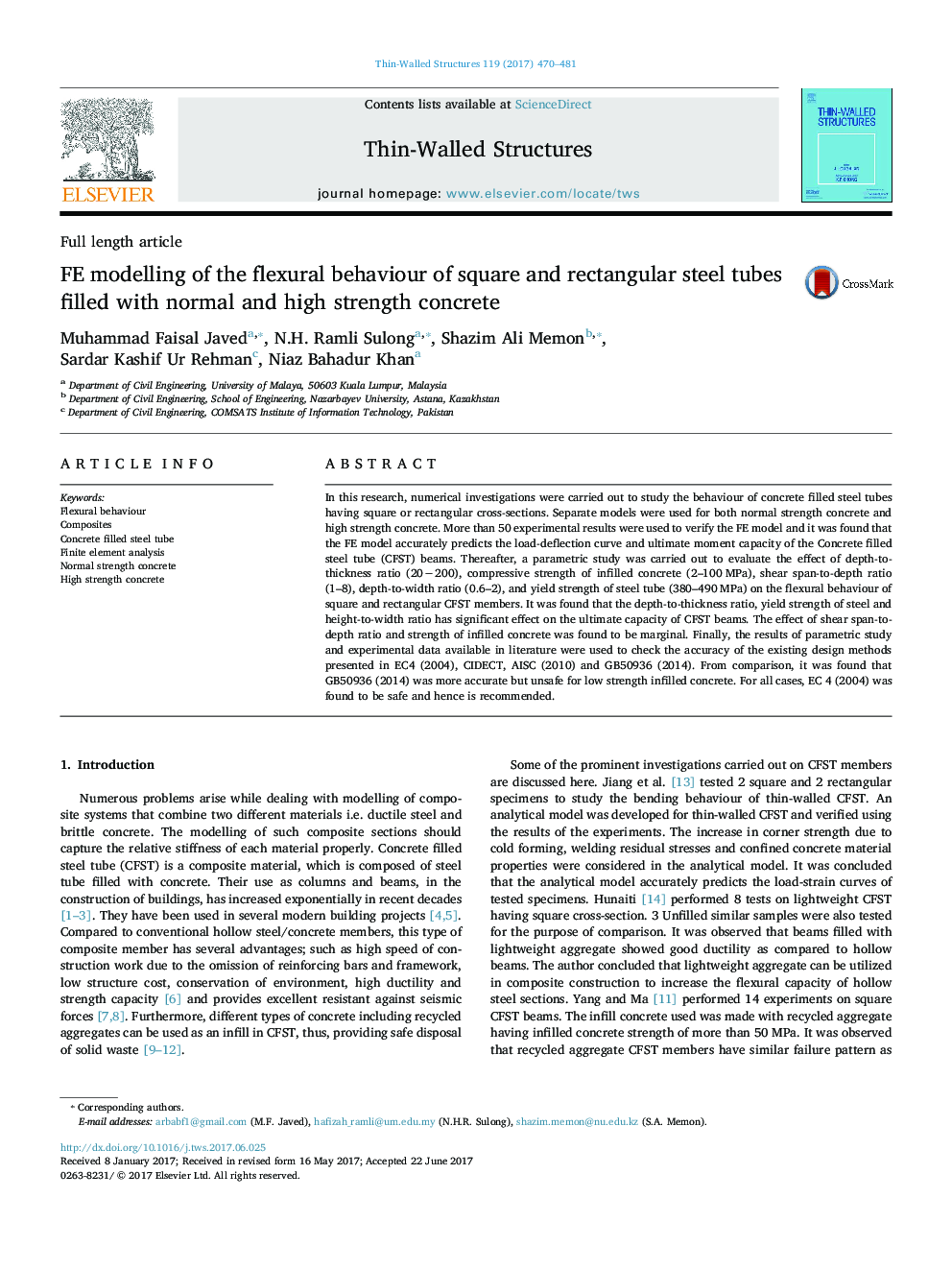 FE modelling of the flexural behaviour of square and rectangular steel tubes filled with normal and high strength concrete