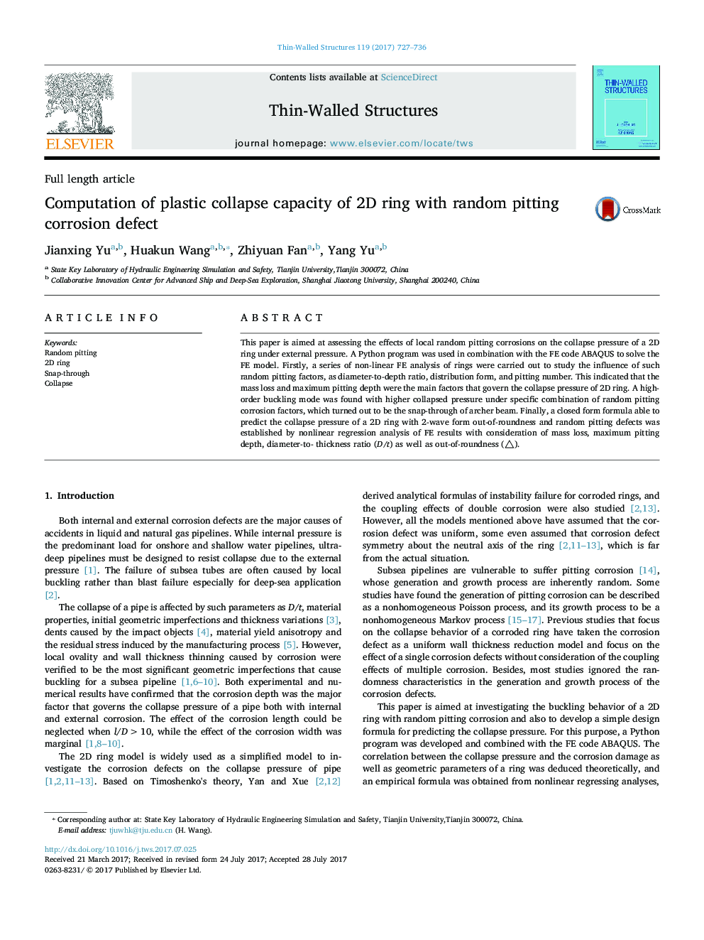 Computation of plastic collapse capacity of 2D ring with random pitting corrosion defect