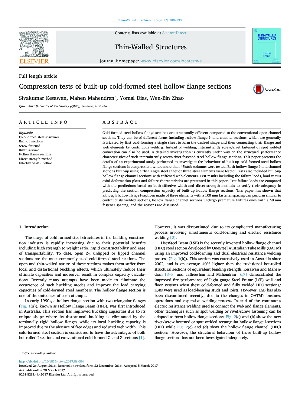 Compression tests of built-up cold-formed steel hollow flange sections