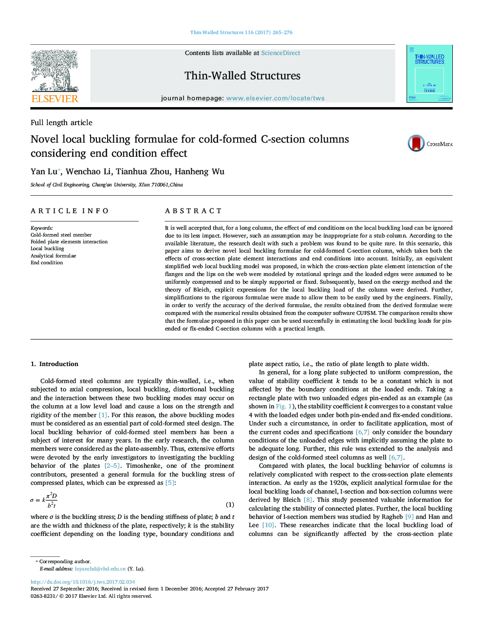 Novel local buckling formulae for cold-formed C-section columns considering end condition effect