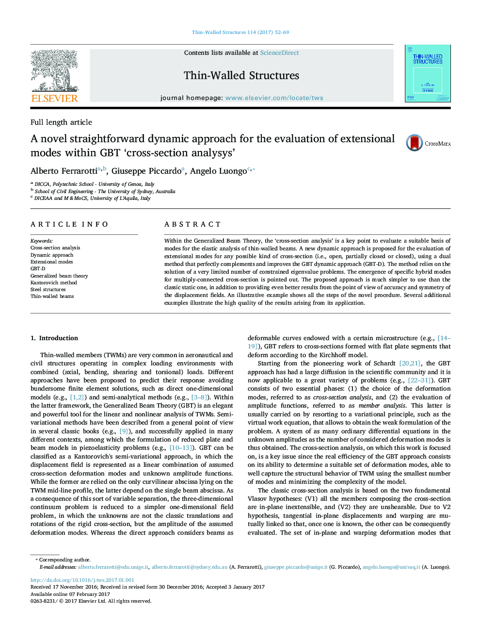 A novel straightforward dynamic approach for the evaluation of extensional modes within GBT 'cross-section analysys'