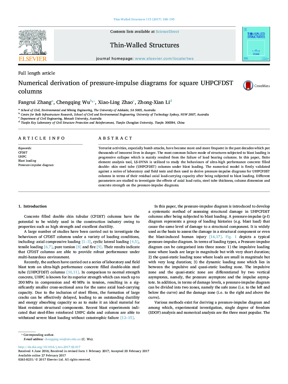 Numerical derivation of pressure-impulse diagrams for square UHPCFDST columns