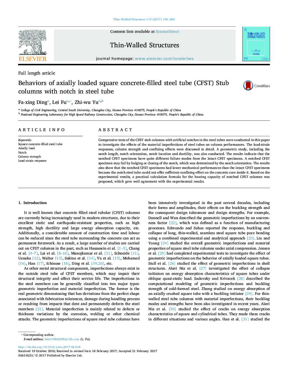 Behaviors of axially loaded square concrete-filled steel tube (CFST) Stub columns with notch in steel tube