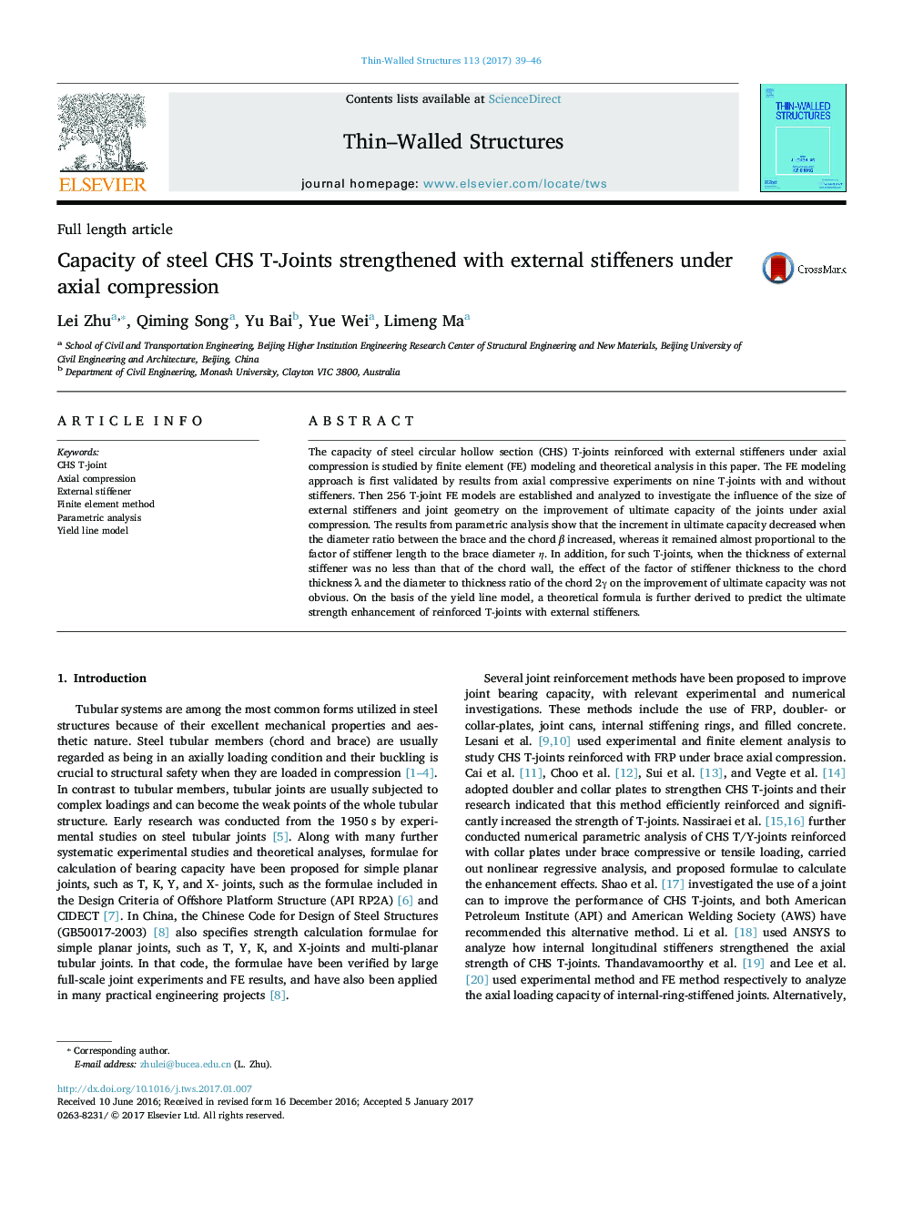 Capacity of steel CHS T-Joints strengthened with external stiffeners under axial compression