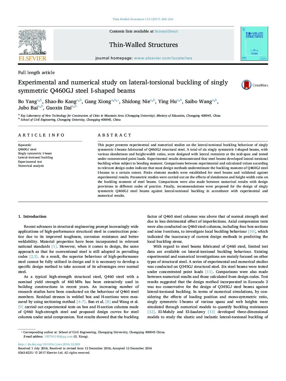 Experimental and numerical study on lateral-torsional buckling of singly symmetric Q460GJ steel I-shaped beams