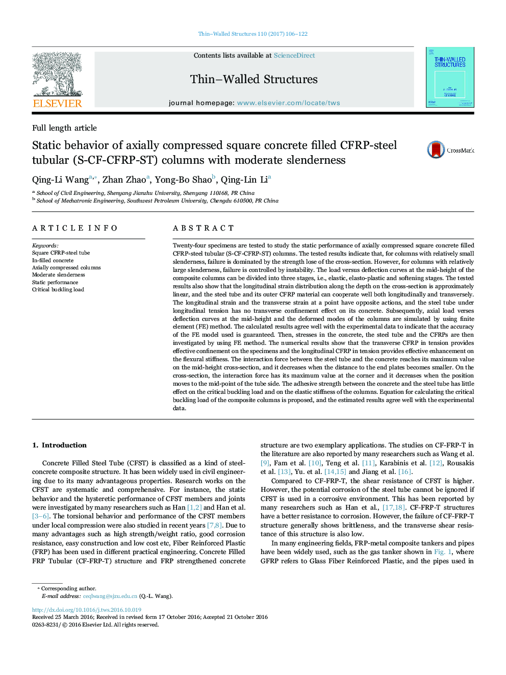 Static behavior of axially compressed square concrete filled CFRP-steel tubular (S-CF-CFRP-ST) columns with moderate slenderness