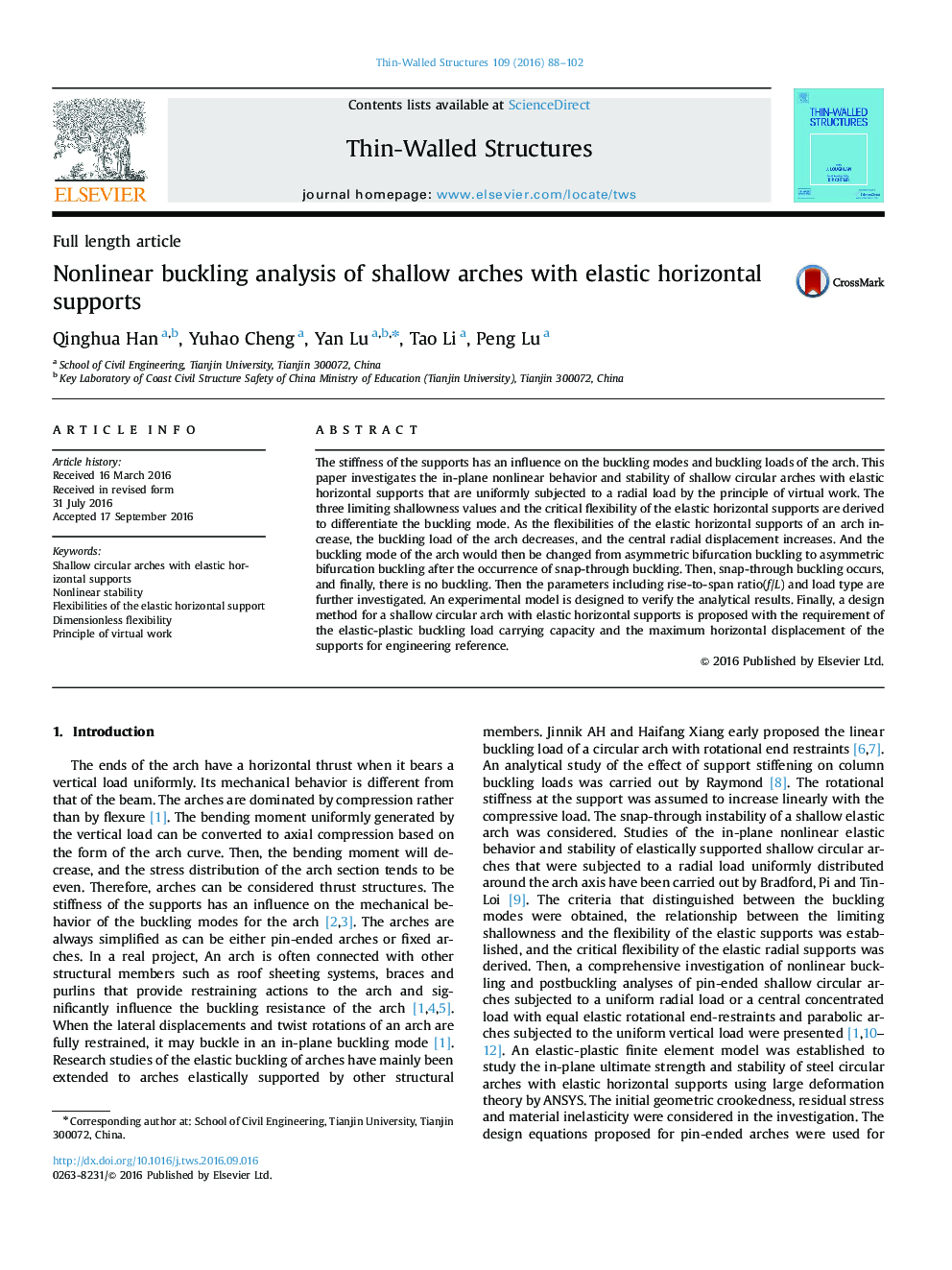 Nonlinear buckling analysis of shallow arches with elastic horizontal supports