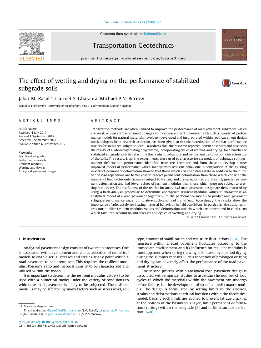 The effect of wetting and drying on the performance of stabilized subgrade soils