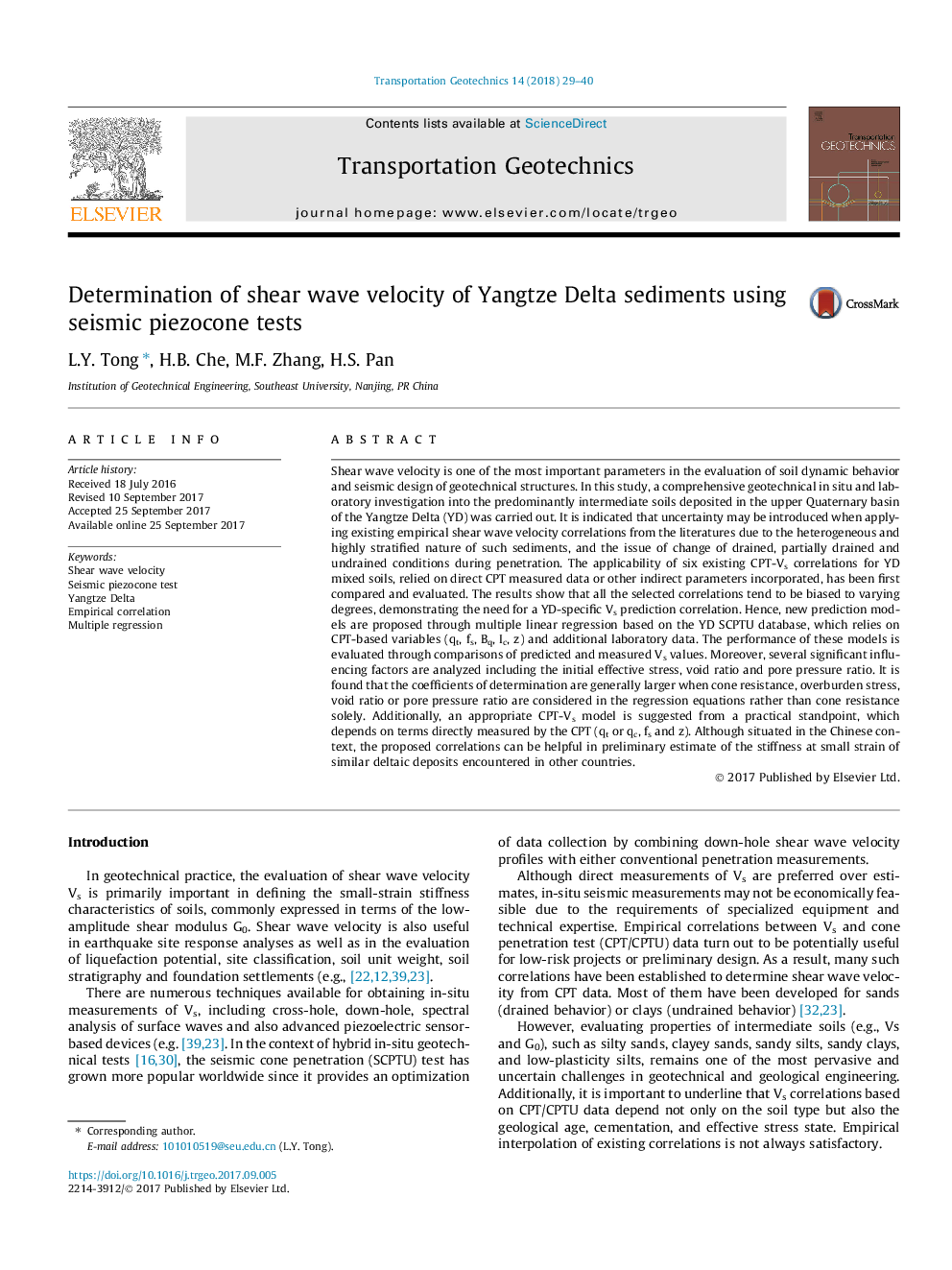 Determination of shear wave velocity of Yangtze Delta sediments using seismic piezocone tests