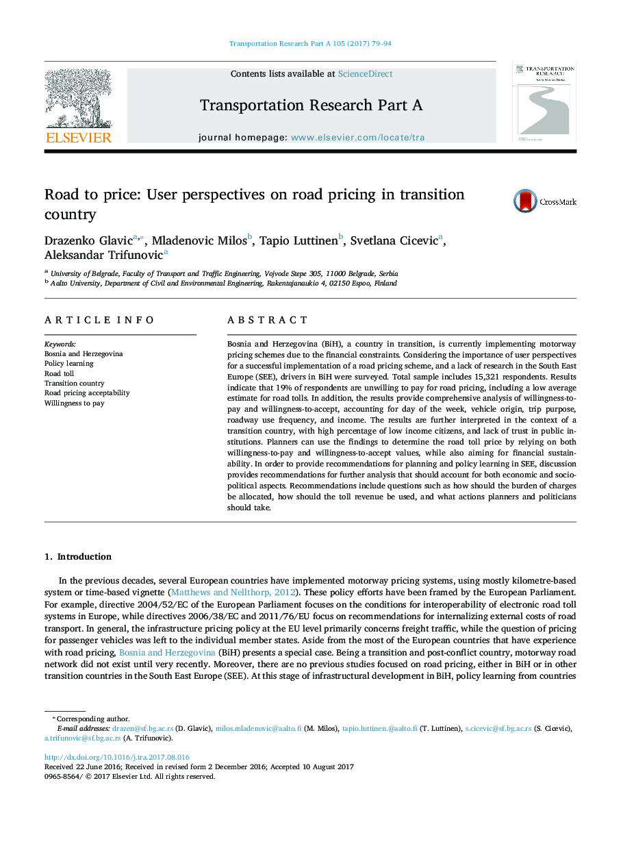 Road to price: User perspectives on road pricing in transition country