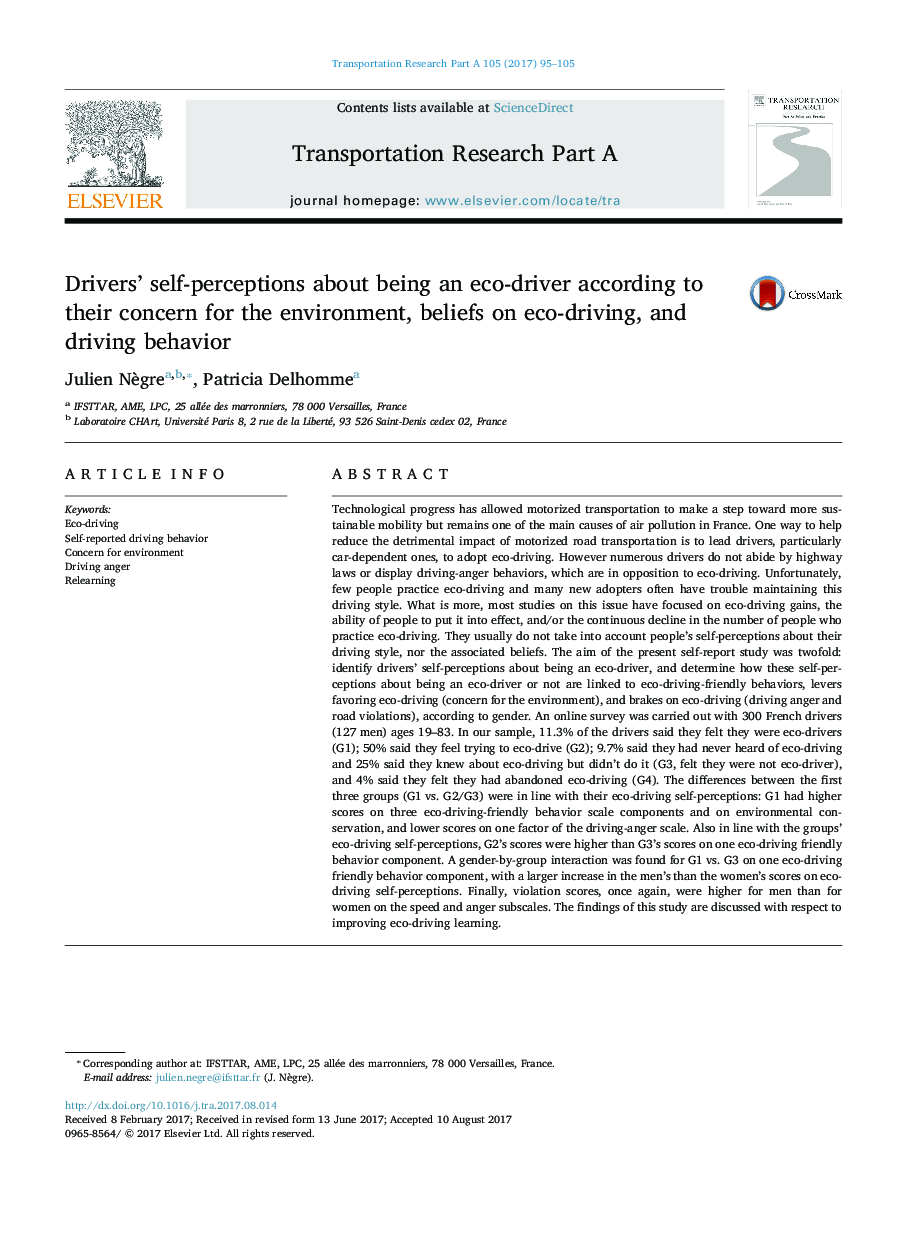 Drivers' self-perceptions about being an eco-driver according to their concern for the environment, beliefs on eco-driving, and driving behavior