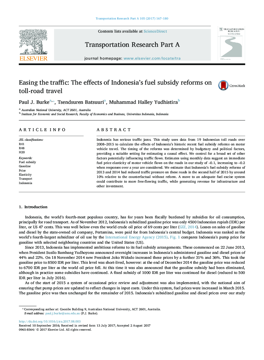 Easing the traffic: The effects of Indonesia's fuel subsidy reforms on toll-road travel