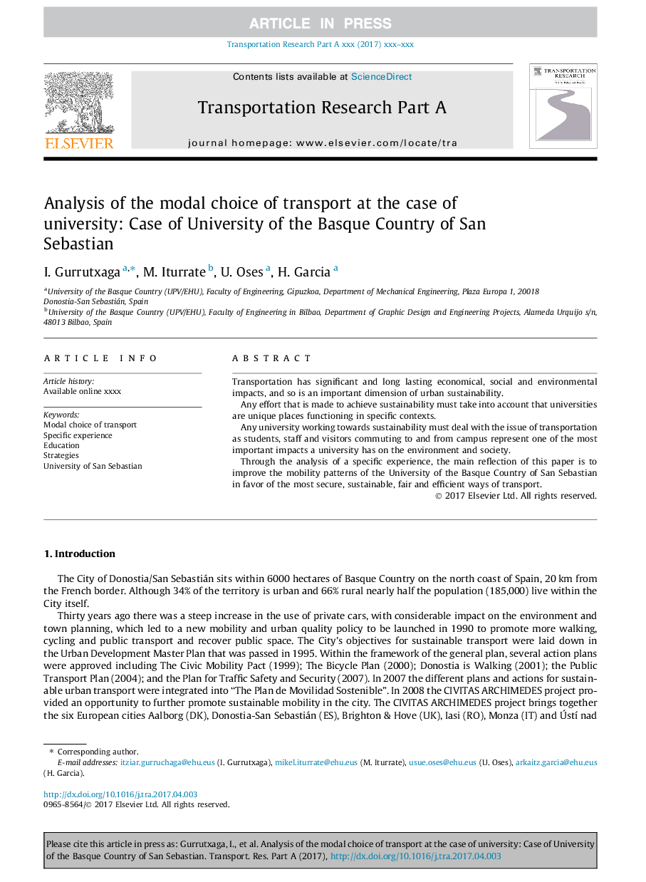 Analysis of the modal choice of transport at the case of university: Case of University of the Basque Country of San Sebastian