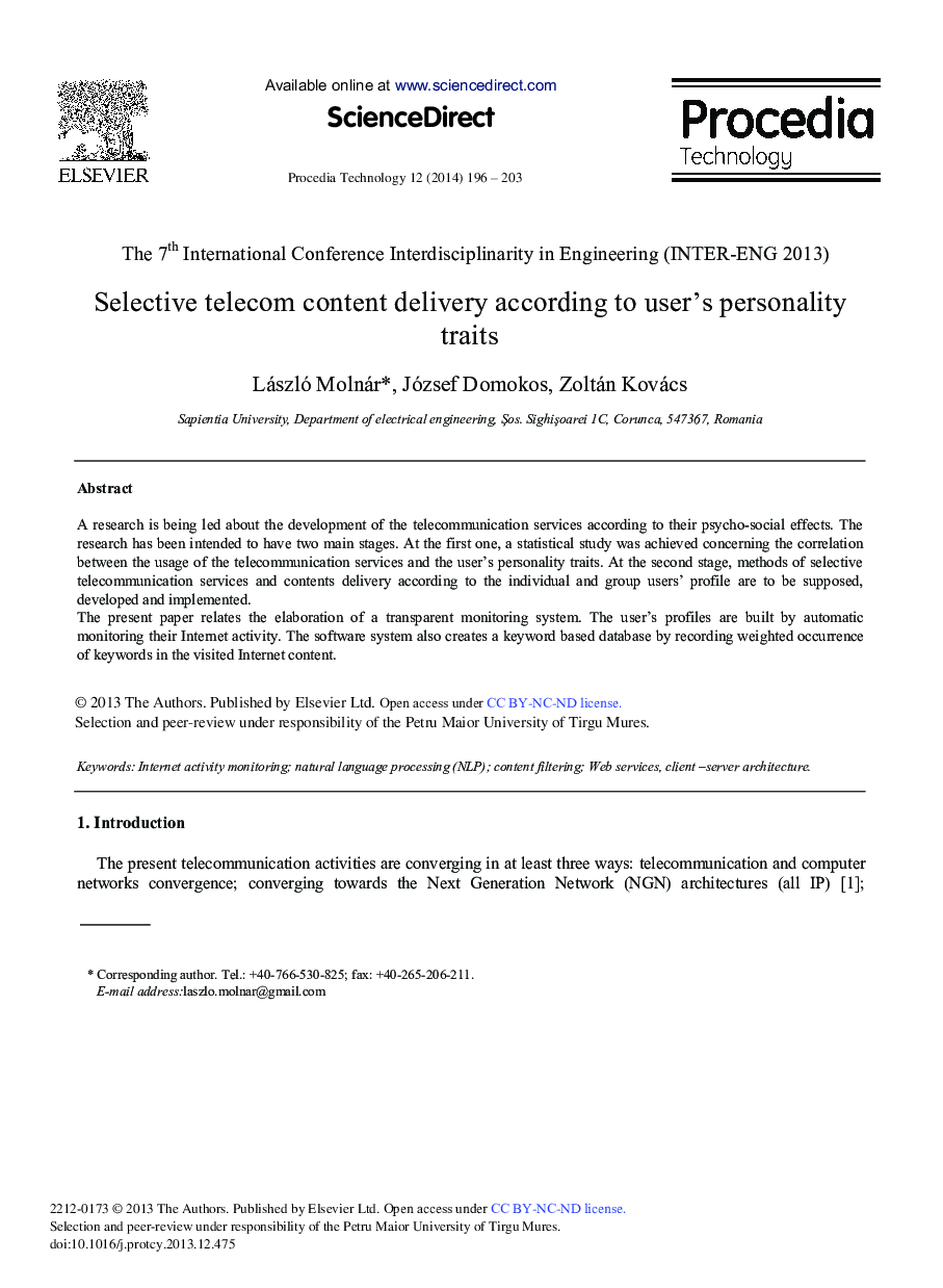 Selective Telecom Content Delivery According to User's Personality Traits 