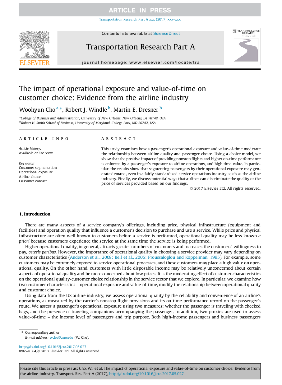 The impact of operational exposure and value-of-time on customer choice: Evidence from the airline industry