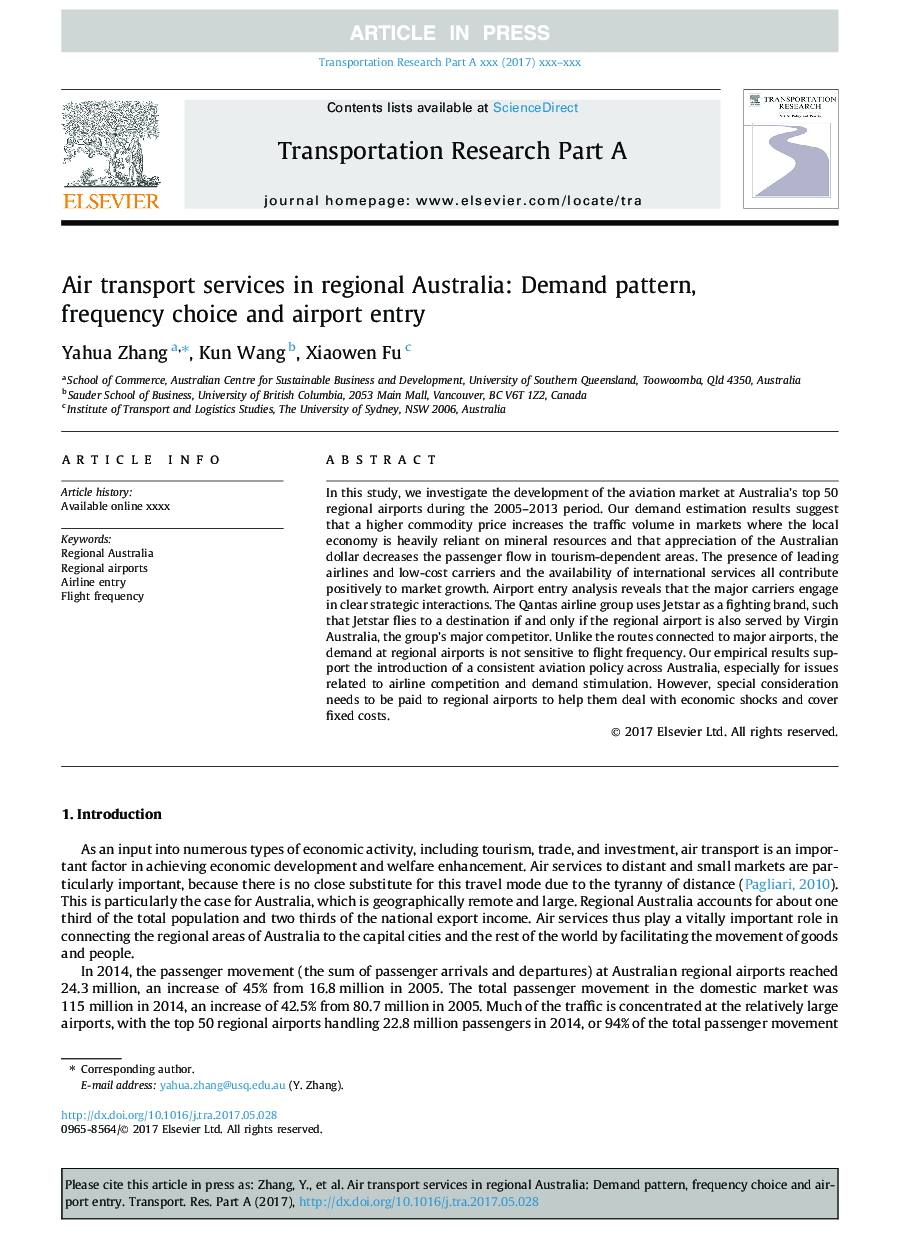 Air transport services in regional Australia: Demand pattern, frequency choice and airport entry