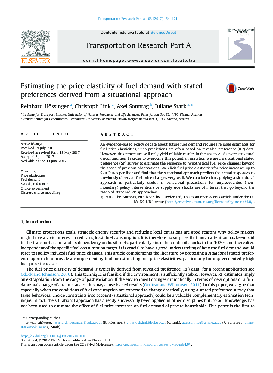 Estimating the price elasticity of fuel demand with stated preferences derived from a situational approach