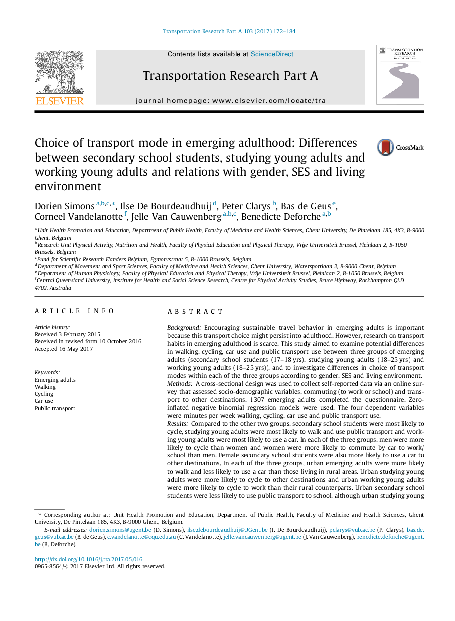 Choice of transport mode in emerging adulthood: Differences between secondary school students, studying young adults and working young adults and relations with gender, SES and living environment