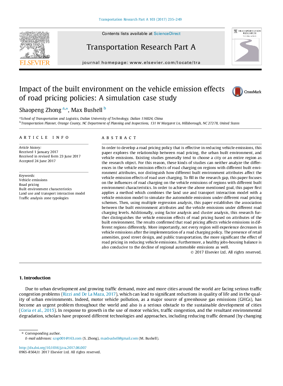 Impact of the built environment on the vehicle emission effects of road pricing policies: A simulation case study