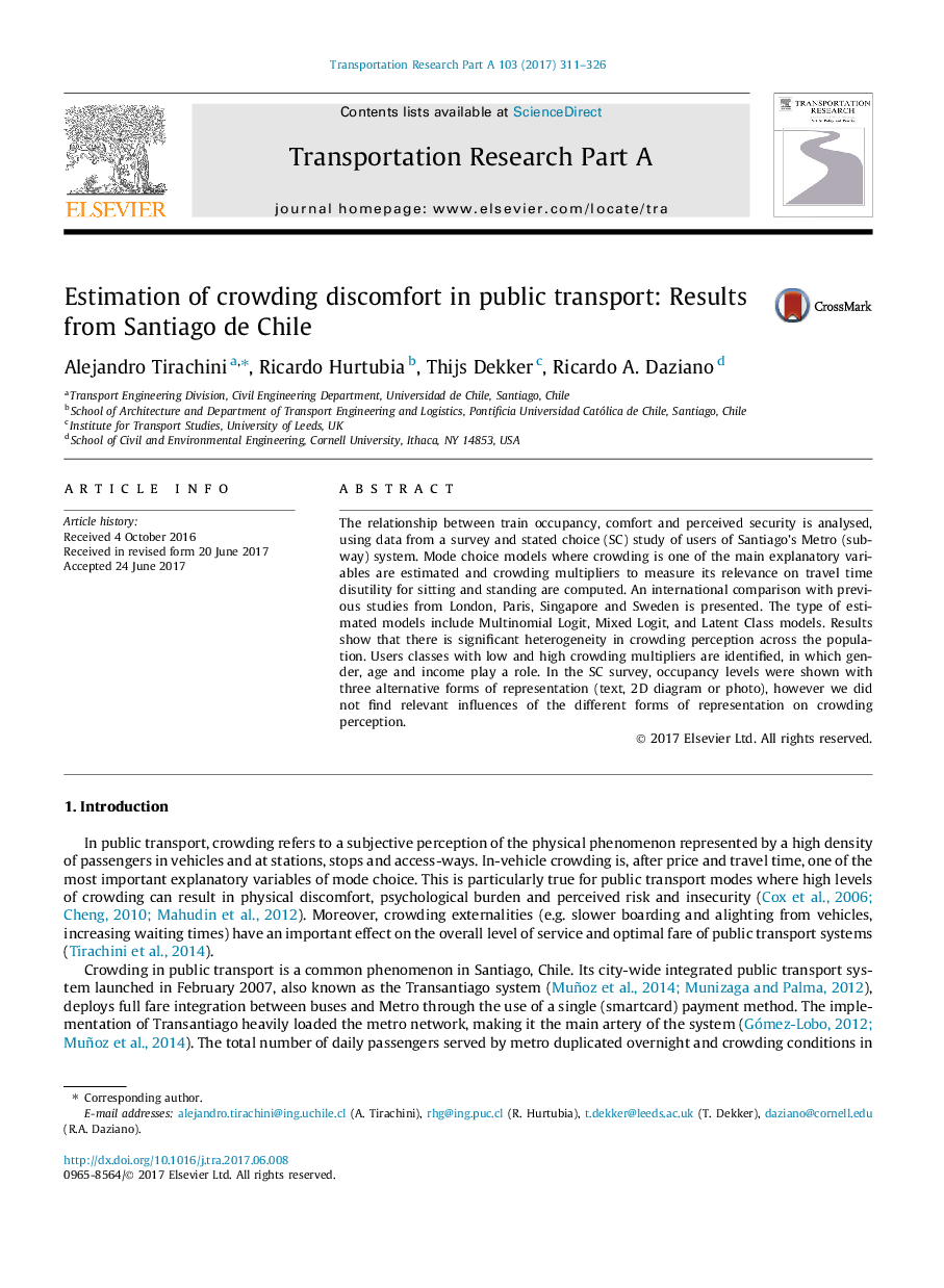 Estimation of crowding discomfort in public transport: Results from Santiago de Chile