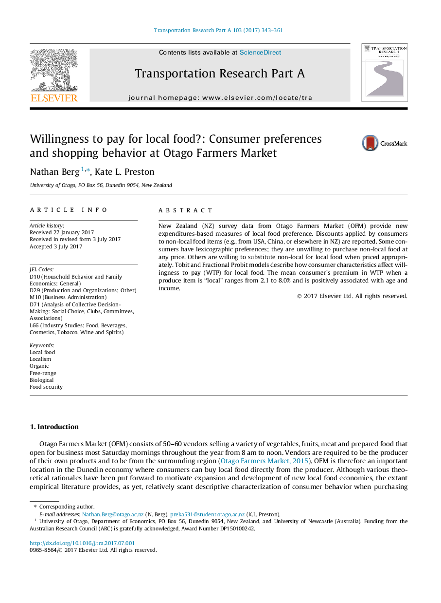 Willingness to pay for local food?: Consumer preferences and shopping behavior at Otago Farmers Market