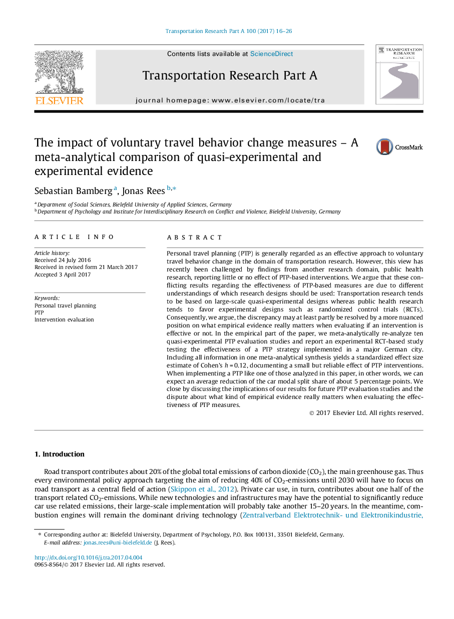 The impact of voluntary travel behavior change measures - A meta-analytical comparison of quasi-experimental and experimental evidence