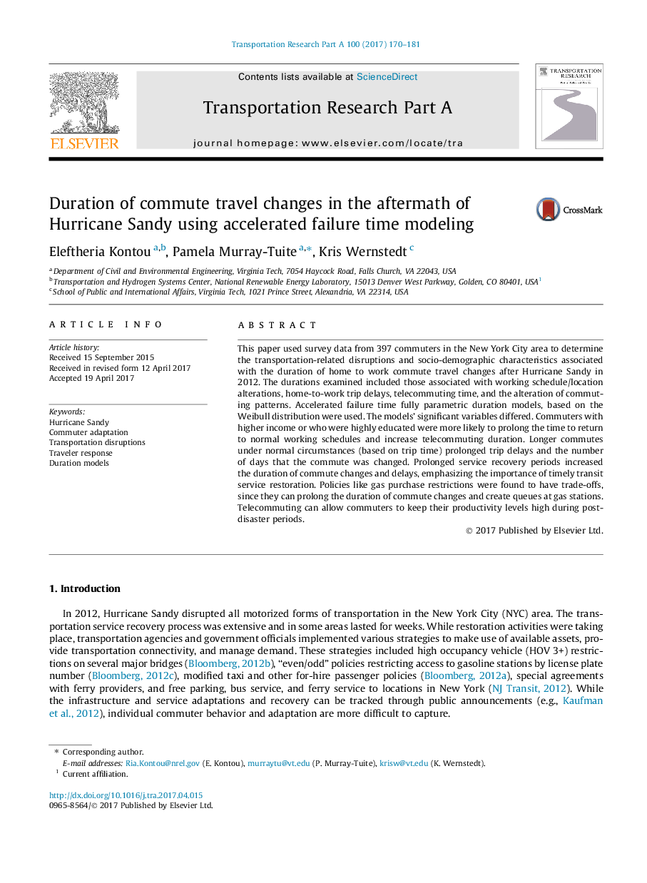 Duration of commute travel changes in the aftermath of Hurricane Sandy using accelerated failure time modeling