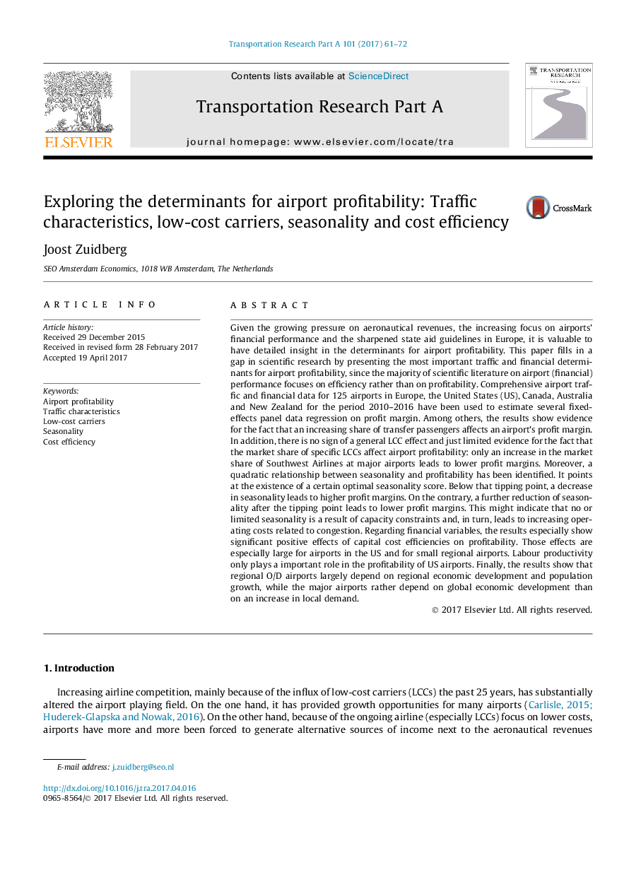 Exploring the determinants for airport profitability: Traffic characteristics, low-cost carriers, seasonality and cost efficiency