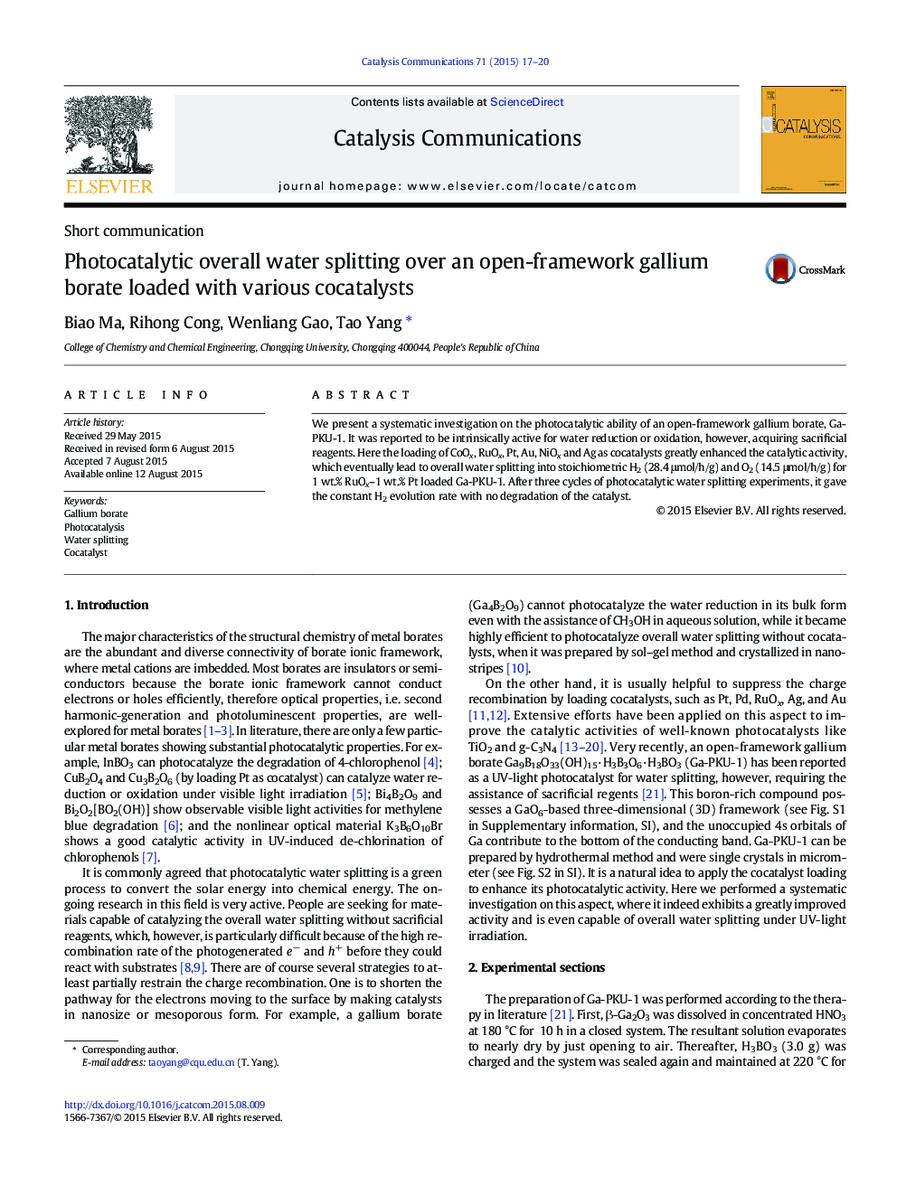 Photocatalytic overall water splitting over an open-framework gallium borate loaded with various cocatalysts