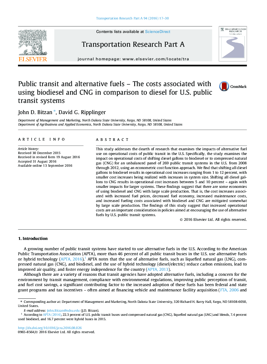 Public transit and alternative fuels - The costs associated with using biodiesel and CNG in comparison to diesel for U.S. public transit systems