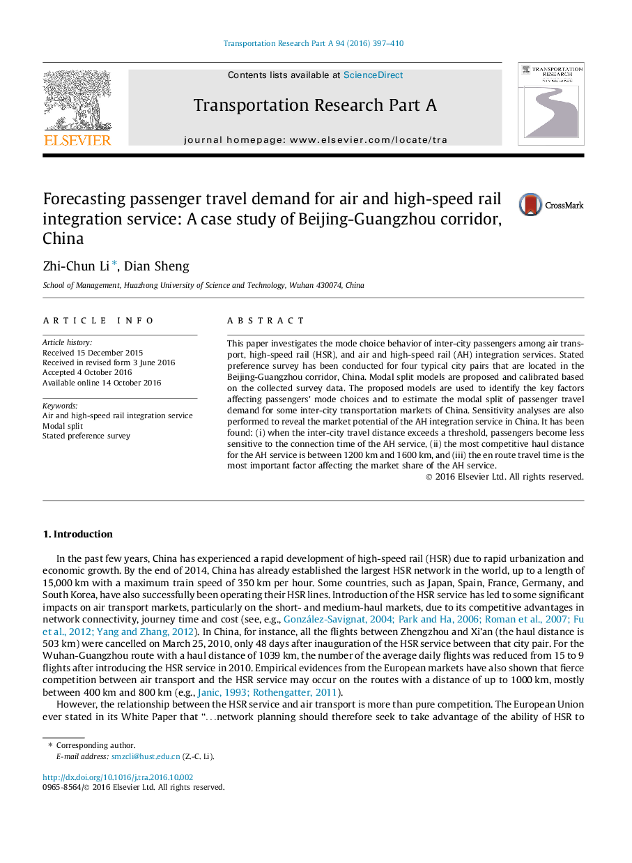 Forecasting passenger travel demand for air and high-speed rail integration service: A case study of Beijing-Guangzhou corridor, China