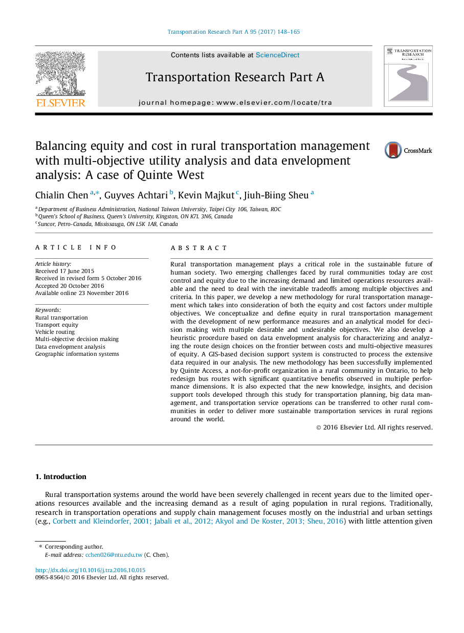 Balancing equity and cost in rural transportation management with multi-objective utility analysis and data envelopment analysis: A case of Quinte West