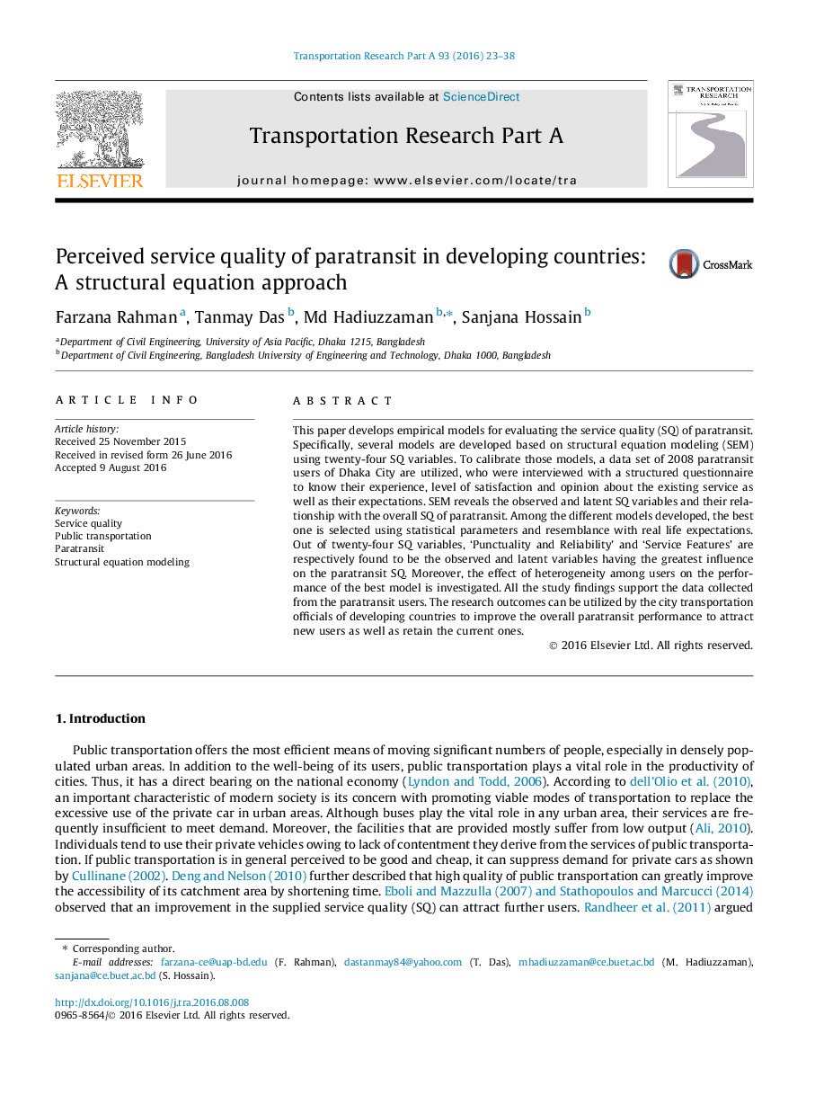 Perceived service quality of paratransit in developing countries: A structural equation approach