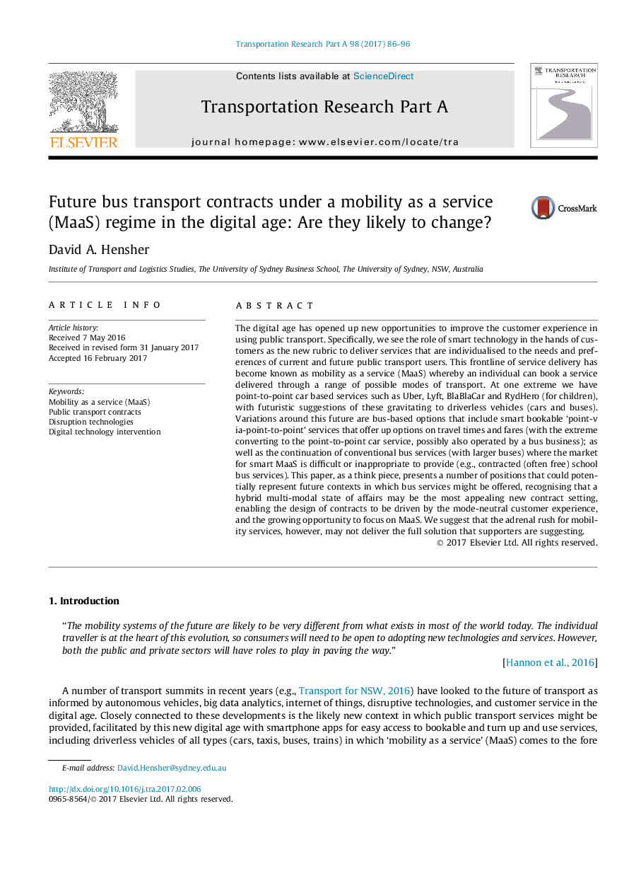 Future bus transport contracts under a mobility as a service (MaaS) regime in the digital age: Are they likely to change?