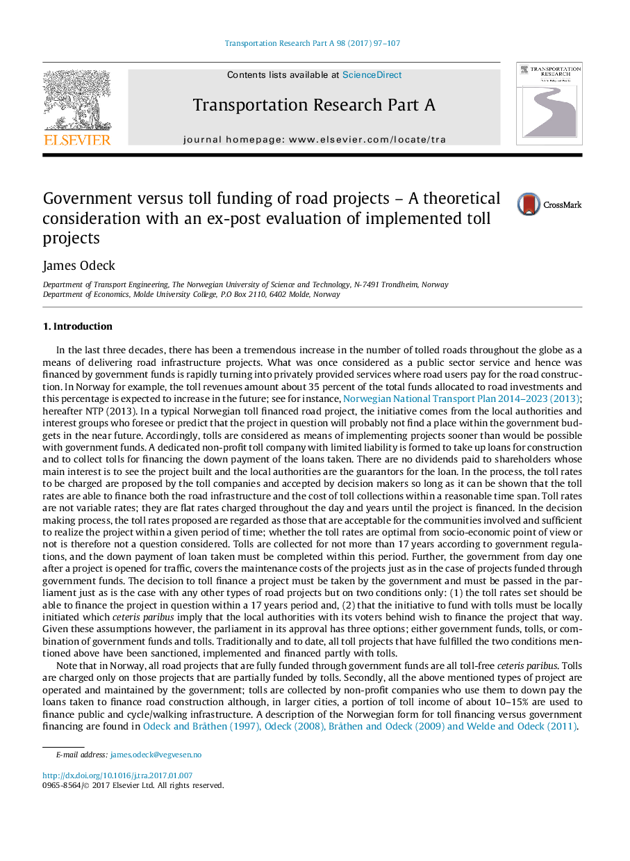 Government versus toll funding of road projects - A theoretical consideration with an ex-post evaluation of implemented toll projects