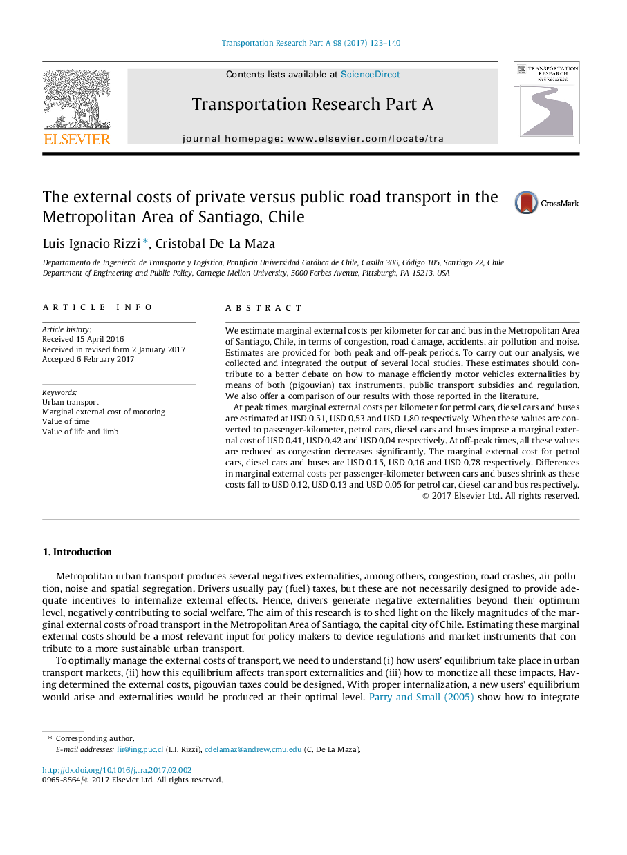 The external costs of private versus public road transport in the Metropolitan Area of Santiago, Chile