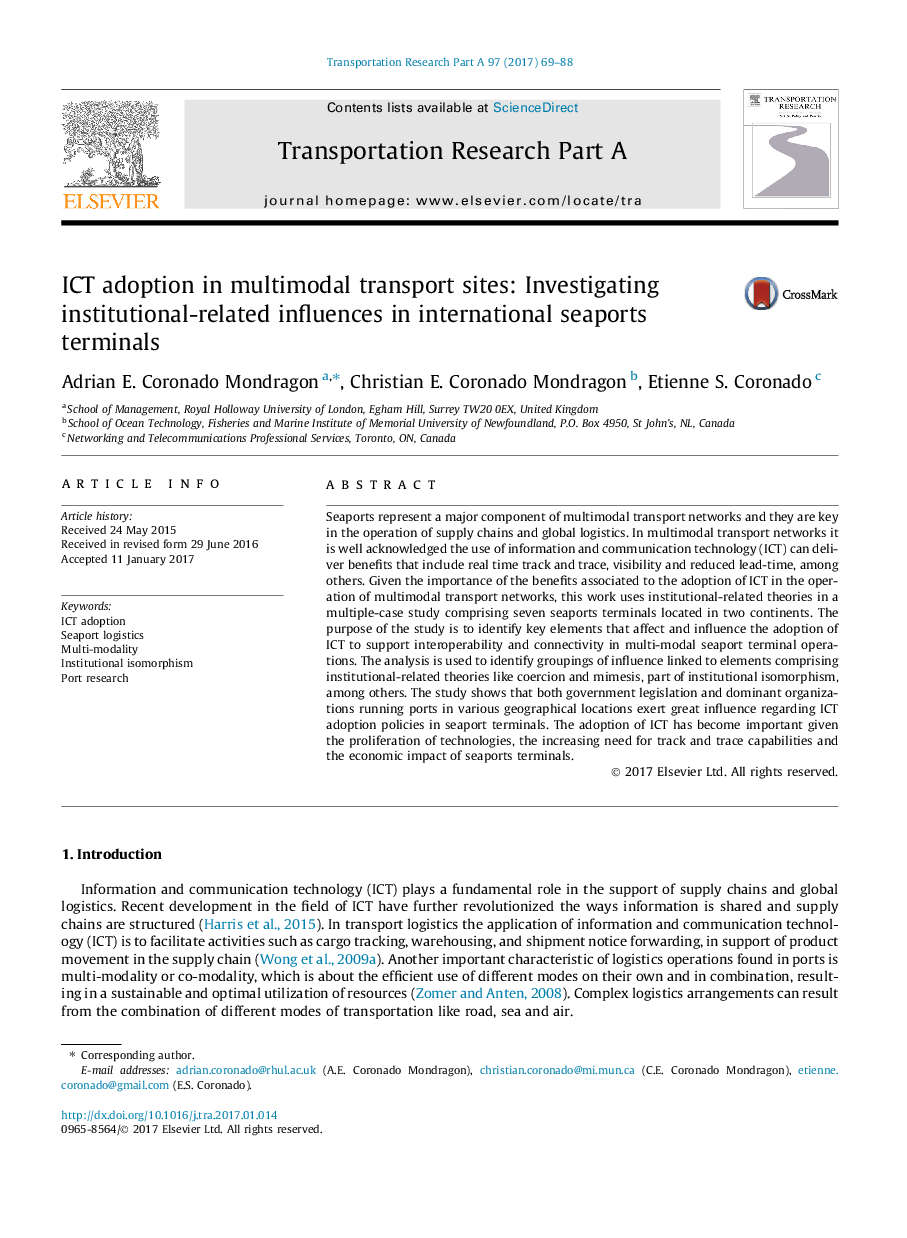 ICT adoption in multimodal transport sites: Investigating institutional-related influences in international seaports terminals