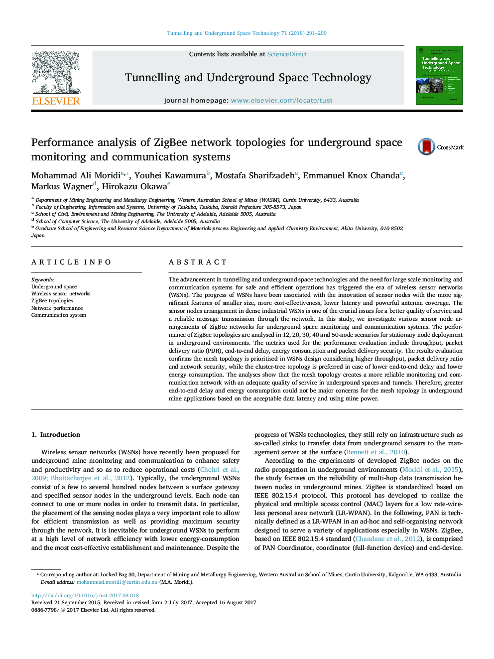 Performance analysis of ZigBee network topologies for underground space monitoring and communication systems