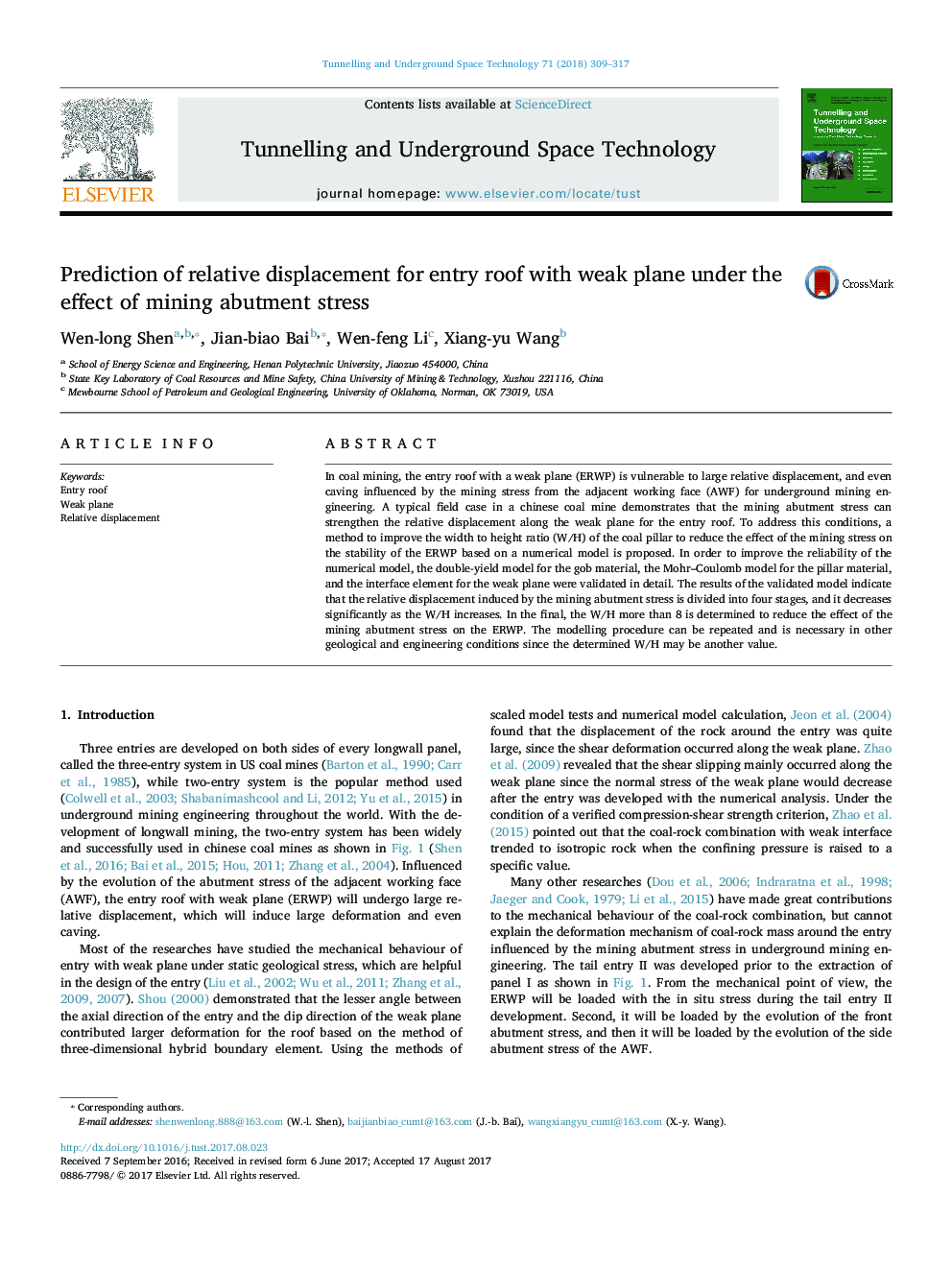 Prediction of relative displacement for entry roof with weak plane under the effect of mining abutment stress