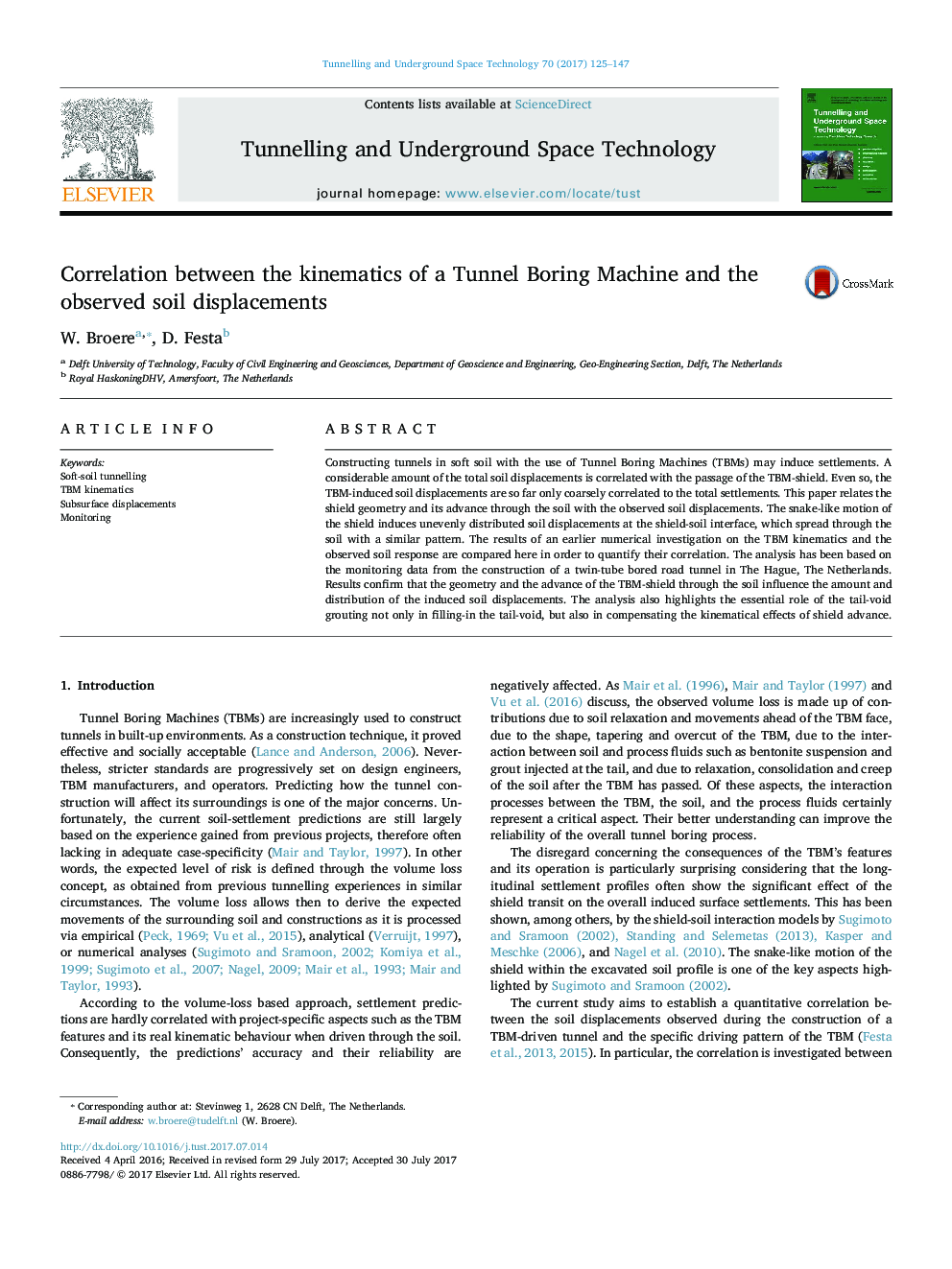 Correlation between the kinematics of a Tunnel Boring Machine and the observed soil displacements